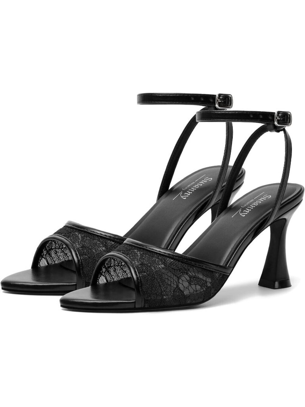 Women Lace Black Pointed Open Toe Strappy Chunky Block Stiletto High Heels Shoes